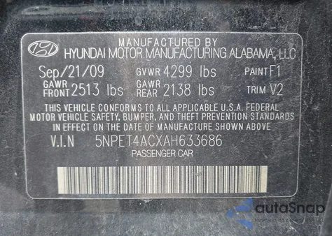 2010 Hyundai Sonata Gls z USA, uszkodzony, nr VIN 5NPET4ACXAH633686